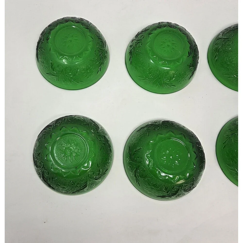 Anchor Hocking Forest Green Sandwich Glass Berry Bowls Set of 6 Vintage‎ 1950s